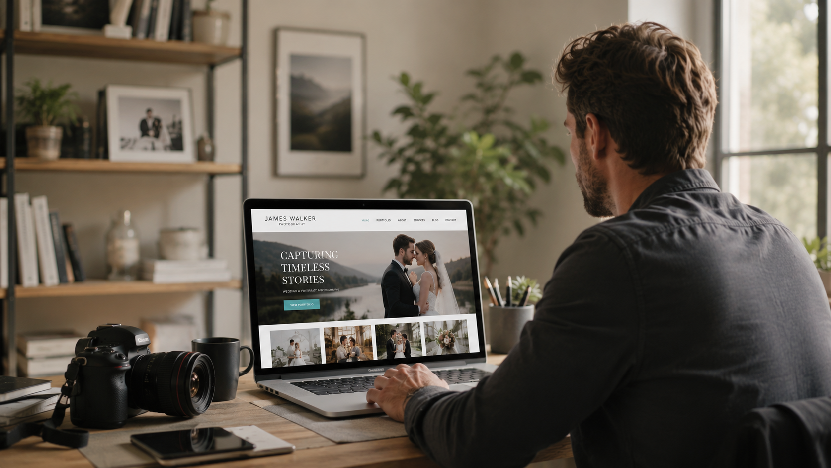 Photographe travaillant sur son portfolio